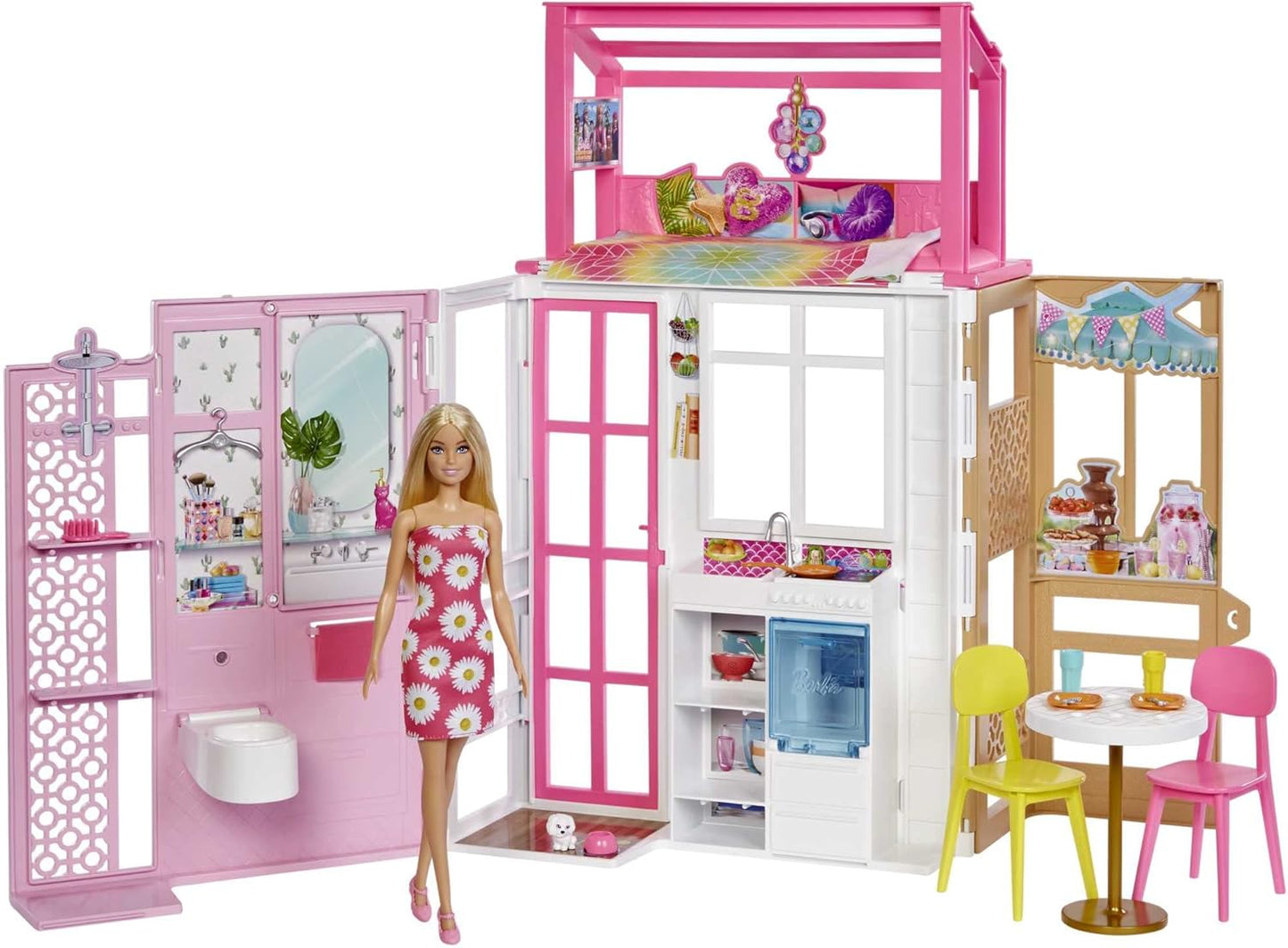 Juego de casa de muñecas Barbie con muñeca Barbie y casa con 2 niveles y 4 áreas de juego, completamente amueblada, con cachorro y accesorios, regalo para niños a partir de 3 años, HHY40