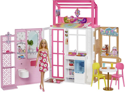 Juego de casa de muñecas Barbie con muñeca Barbie y casa con 2 niveles y 4 áreas de juego, completamente amueblada, con cachorro y accesorios, regalo para niños a partir de 3 años, HHY40