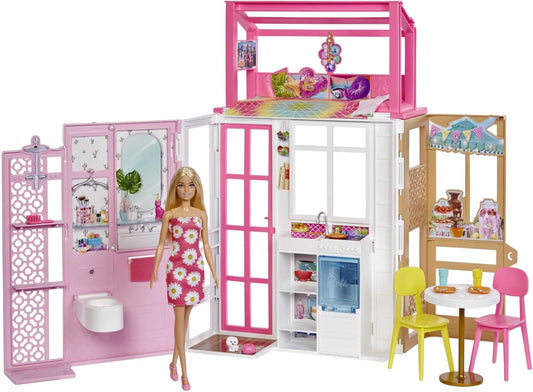 Barbie Conjunto de casa de bonecas com boneca Barbie e casa com 2 níveis e 4 áreas de recreação, totalmente mobiliado, com filhote de cachorro e acessórios, presente para crianças de 3 anos ou mais, HHY40