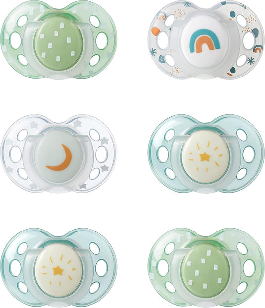 Tommee Tippee Nighttime Dummies, 18-36 meses, 6 pacotes de manequins que brilham no escuro com baglet de silicone simétrico