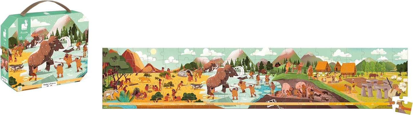 Janod - Puzzle Prehistórico - Puzzle de Cartón FSC de 100 Piezas - Panorama Prehistórico - Desarrolla la Paciencia y la Concentración - Made in France - Puzzle Infantil a partir de 6 años,