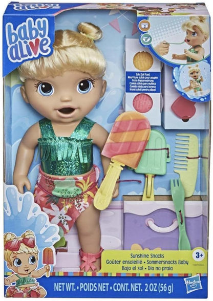 Boneca Baby Alive Sunshine Snacks, come e faz cocô, boneca aquática com tema de verão, molde para picolé, brinquedo para crianças de 3 anos ou mais, cabelo loiro