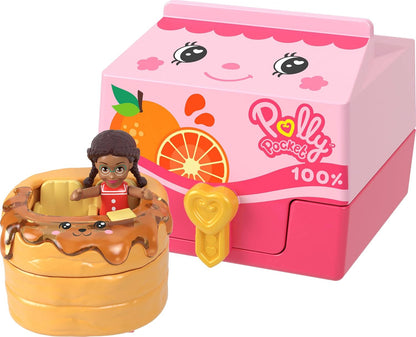 Polly Pocket Micro Dolls e compactos com carros de brinquedo, coleção de veículos com tema alimentar, variedade de revelação de pequenas retiradas com surpresas, JCR44