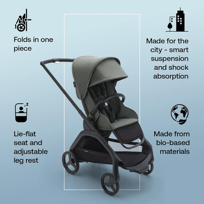 Bugaboo Carrinho de bebê Dragonfly City, carrinho de bebê leve e compacto com dobra fácil com uma mão em qualquer posição, suspensão total, cesta XL sob o assento, chassi preto e capota solar verde floresta