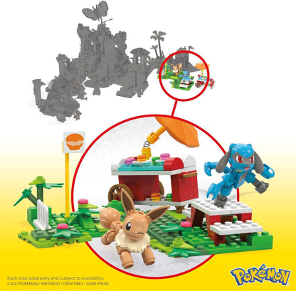 MEGA Conjunto de construção de brinquedo Pokémon Adventure Builder Picnic, figuras de Eevee e Riolu, 193 tijolos e peças, conjunto de presente para meninos e meninas, a partir de 7 anos, HDL80