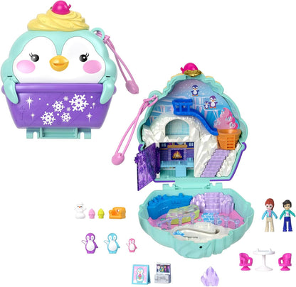 Polly Pocket Dolls e Playset, brinquedo de viagem com exterior Fidget, Snow Sweet Penguin Compact com 13 acessórios, HRD34