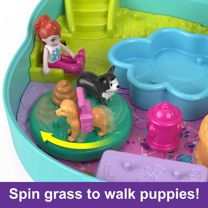 Polly Pocket Mini brinquedos, Doggy Birthday Bash, conjunto de brinquedos compacto com 2 microbonecas e 14 acessórios, brinquedos de viagem Pocket World com surpresas reveladas, HKV30