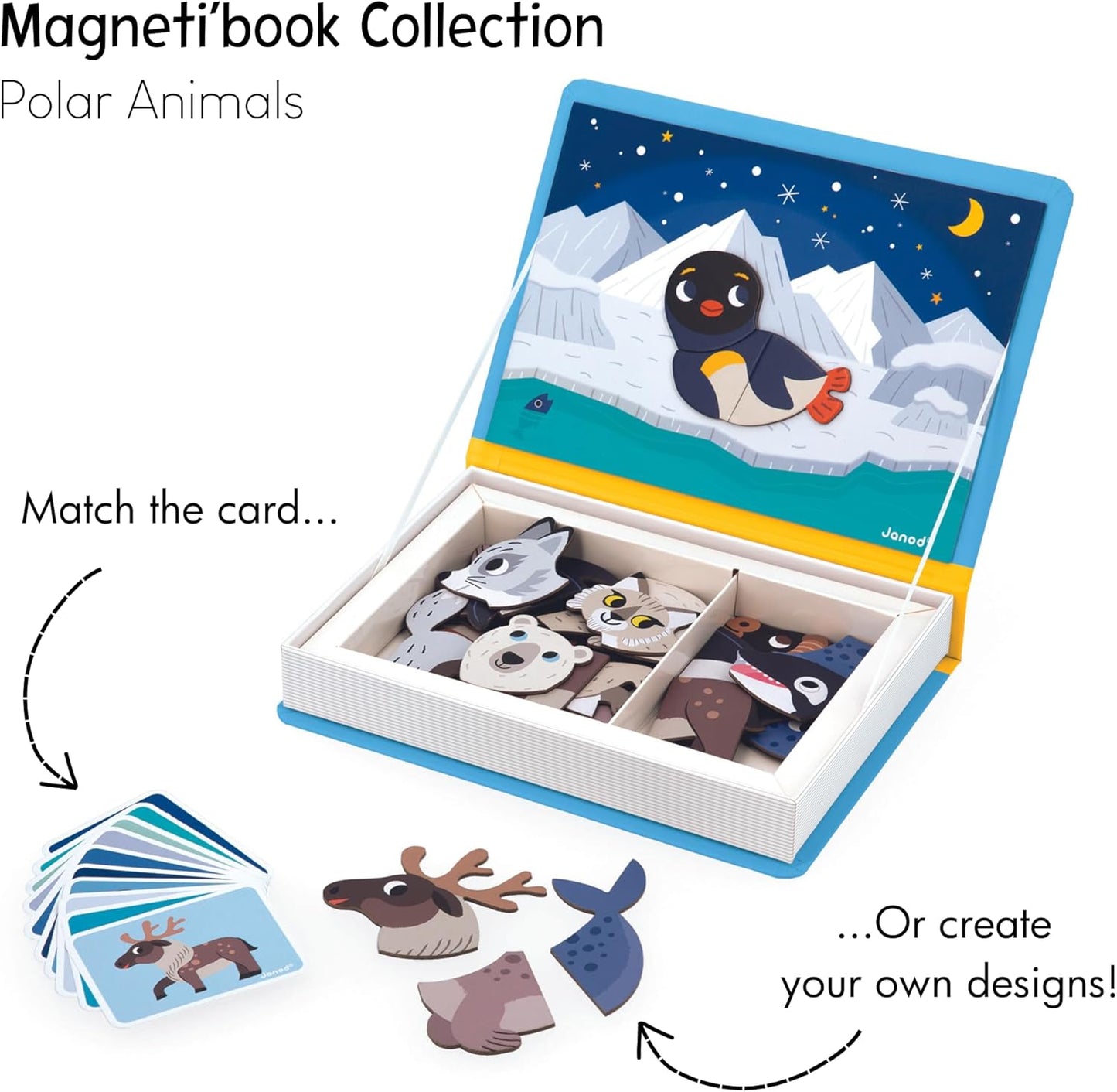 Janod - Magnéti'Book Arctic Animals - Juego educativo de 30 imanes con 10 cartas modelo - Juguete infantil de cartón FSC - Desarrolla la motricidad fina y la imaginación - A partir de 3 años