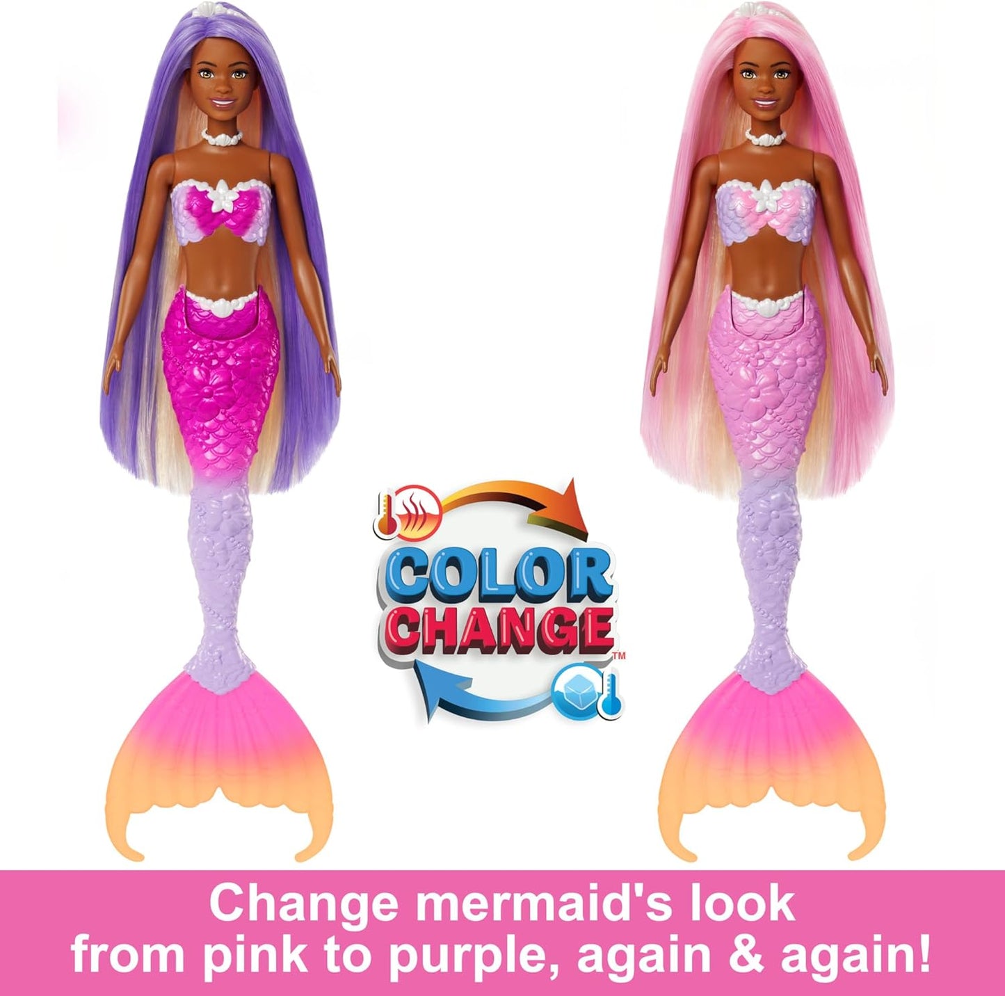 Barbie  Mermaid Doll, “Malibu” with Pink Hair, Styling Accessories, Pet Dolphin and Water-Activated Color Change Feature, HRP97