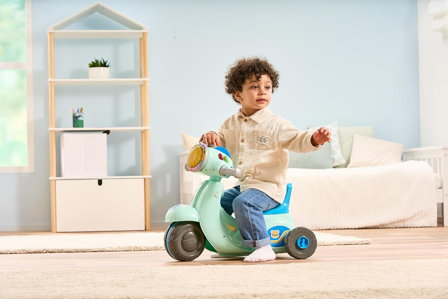 VTech  Patinete de passeio e equilíbrio 2 em 1 para bebês, azul, modo de bicicleta de equilíbrio e modo triciclo, farol iluminado, músicas, frases de segurança rodoviária e sons de patinete, brinquedo para crianças de 12, 18, 24 meses +, versão em inglês