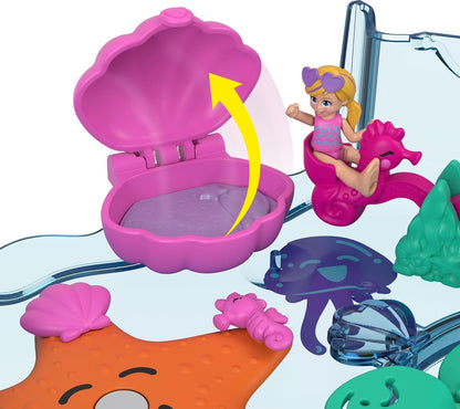 Polly Pocket Aquário Bubble com tema subaquático, 2 recursos para fazer bolhas, piscina, boneca Micro Polly e sereia, solução para bolhas e 18 acessórios, recurso pop e swap, presente para maiores de 4 anos