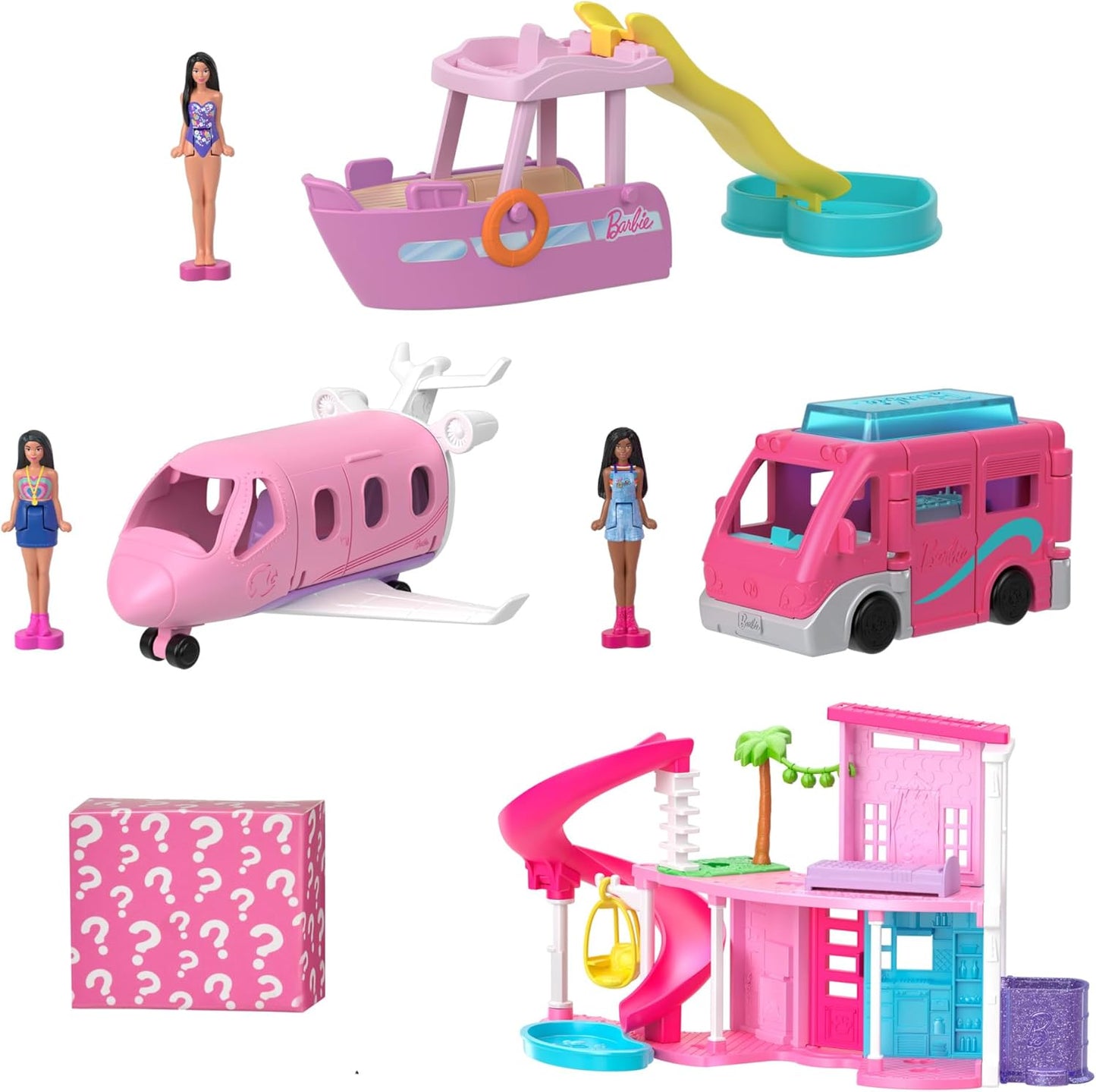 Barbie Bonecas e acessórios MiniLand, pacote incluindo mini casa, mini avião, mini barco, mini trailer e muito mais, JDB86