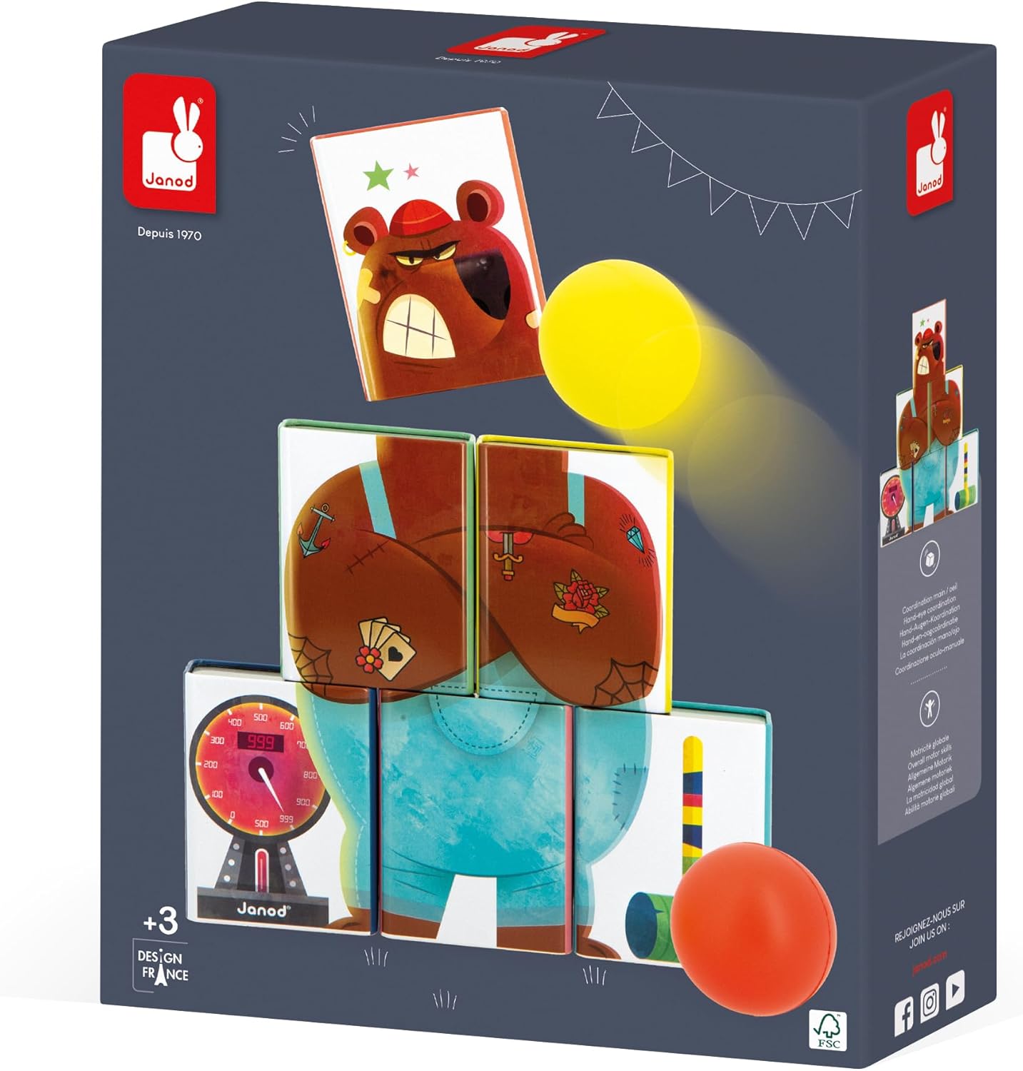 Janod - Applepop Tin Can Alley - Jogo de habilidade - 6 latas de metal + 2 bolas de espuma - Jogo ao ar livre - Desenvolve Destreza e Concentração - 3 anos +,