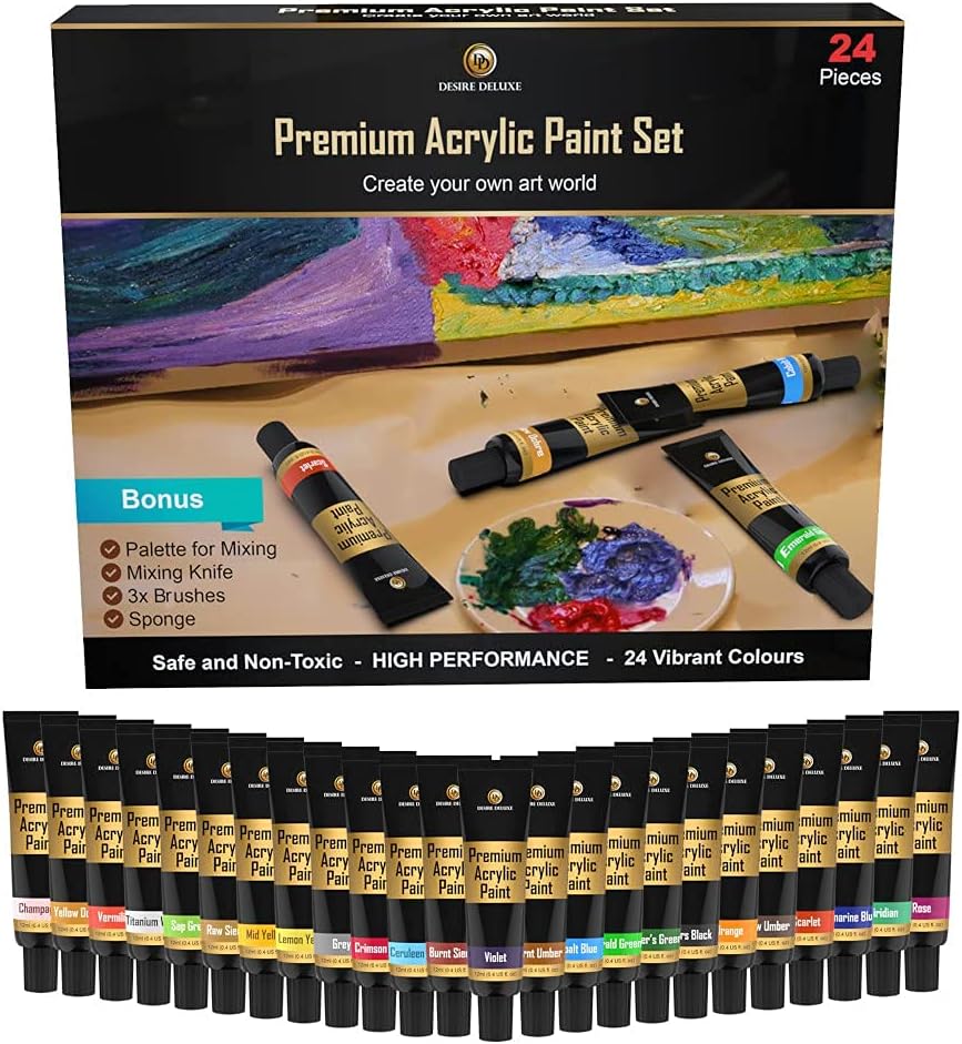 Desire Deluxe Conjunto de tinta acrílica, material escolar para artistas – Kit de artesanato de 30 peças para pedra, madeira, cerâmica, tela, papel e tecido – Inclui faca de mistura, esponja, paleta e pincéis premium de 3 tamanhos