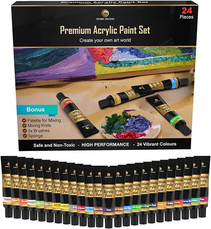 Desire Deluxe Conjunto de tinta acrílica, material escolar para artistas – Kit de artesanato de 30 peças para pedra, madeira, cerâmica, tela, papel e tecido – Inclui faca de mistura, esponja, paleta e pincéis premium de 3 tamanhos