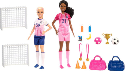 Barbie Bonecas de carreira e 15 acessórios, conjunto de jogador de futebol com Barbie “Brooklyn” e bonecas loiras pequenas, 2 redes, 2 bolas e mais, HRG88