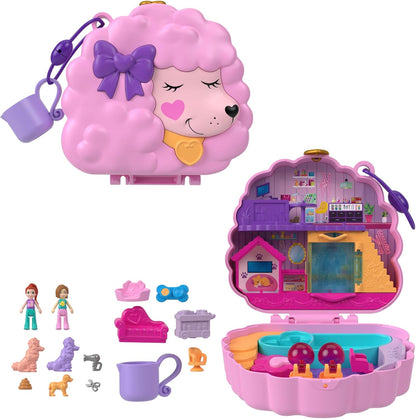 Polly Pocket Dolls e Playset, brinquedos de animais, Groom & Glam Poodle Playset compacto com brincadeira de água e 2 peças que mudam de cor, HKV35