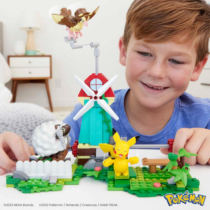 MEGA Conjunto de brinquedos de construção Pokémon, moinho de vento rural com 240 peças, movimento e 3 figuras de ação articuladas, para crianças, HKT21