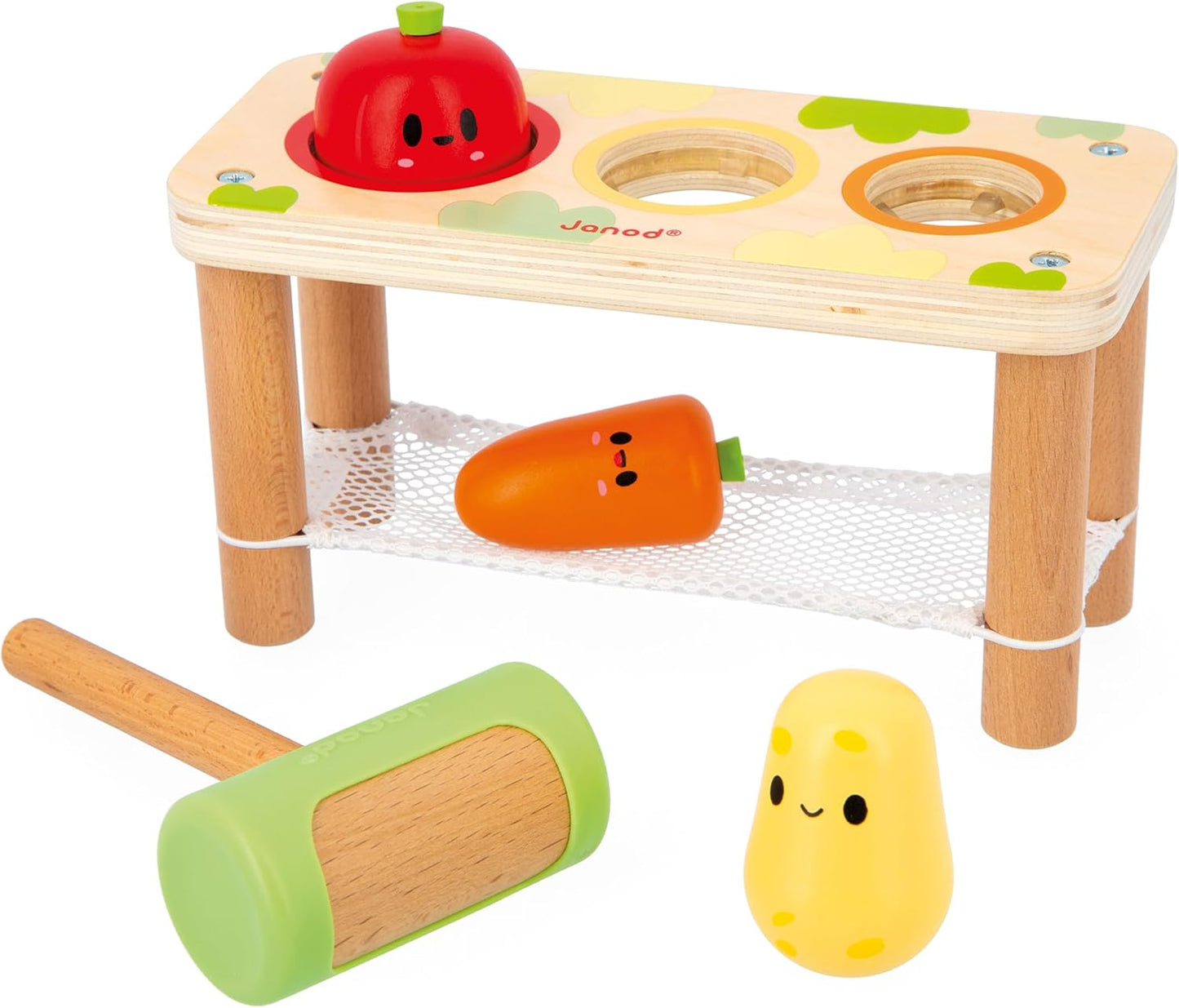 Janod Whack-A-Farm Game-Brinquedo de aprendizagem precoce para crianças-3 vegetais de jardim + 1 martelo-desenvolve habilidades motoras finas-Brinquedo de madeira FSC-12 meses +, J03309, multicolorido