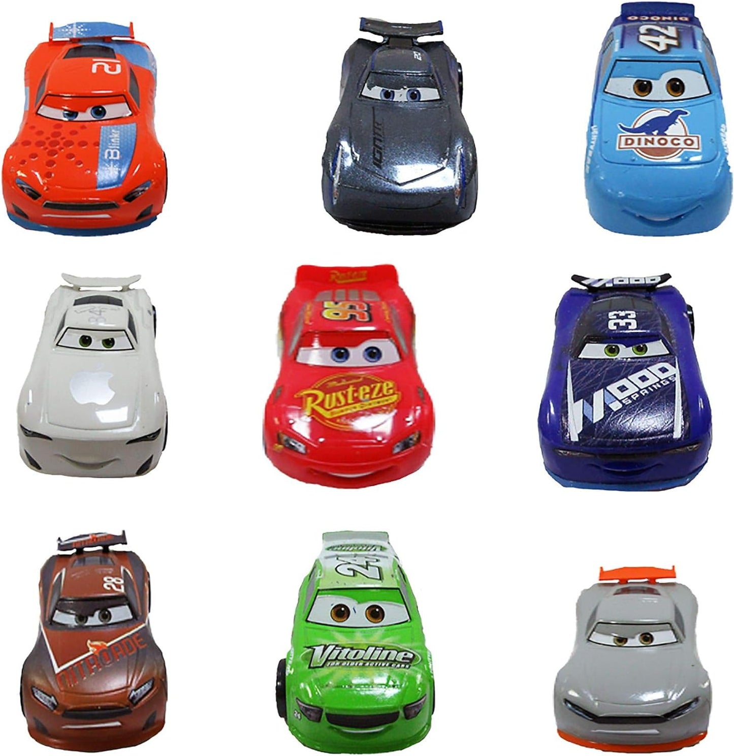 Disney Store Playset oficial Pixar Cars Deluxe, 9 unidades, figuras detalhadas de carros, incluindo Lightning McQueen, Jackson Storm e muito mais, brinquedos com arte colorida de personagens, adequados para maiores de 3 anos