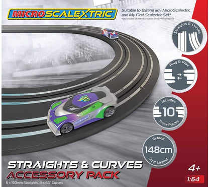 Scalextric Pacote de extensão de trilha Micro Scalextric - Retas e curvas - Amplie seu layout em 148 cm, inclui 6 retas de 150 mm e 4 curvas de 45 graus, acessórios Micro Scalextric