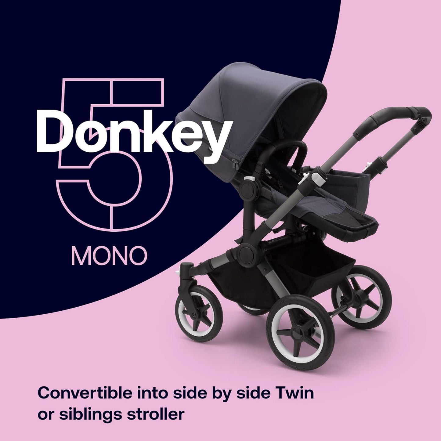 Bugaboo Donkey 5 Mono, conversível em carrinho duplo lado a lado, design aprimorado, assento reversível, direção com uma mão e cesta lateral, grafite/azul tempestuoso