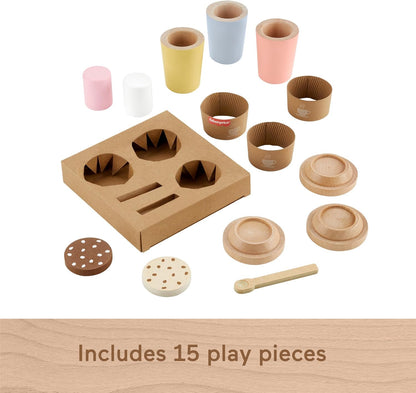 Fisher-Price Juego de café de viaje de madera para juguete preescolar, 15 piezas de tazas de café y golosinas de madera para niños a partir de 3 años,