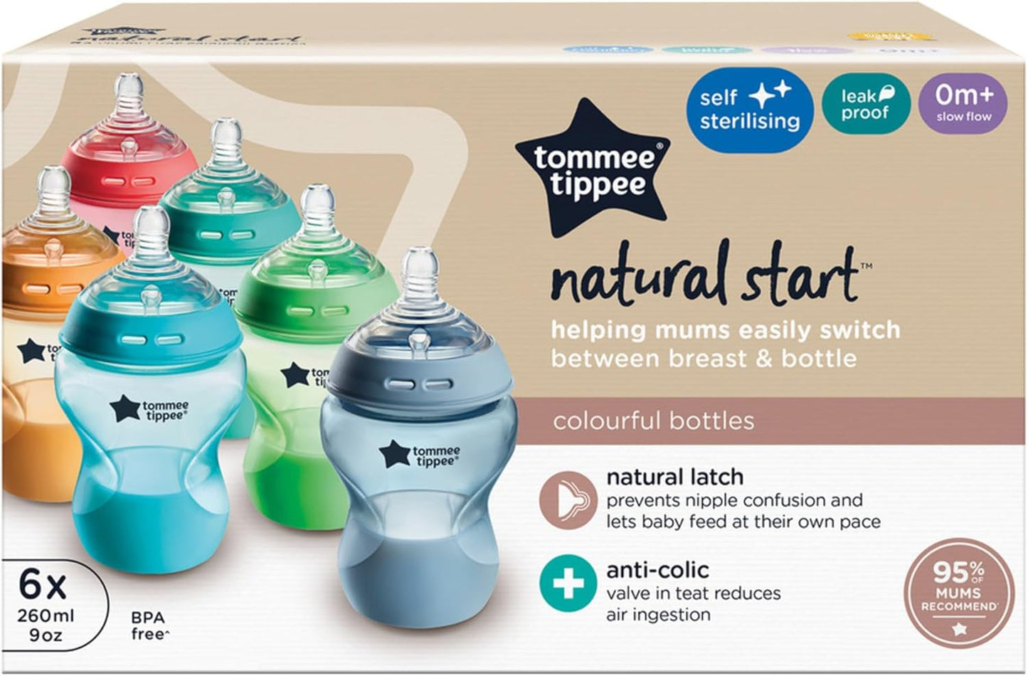 Tommee Tippee Biberón anticólicos Natural Start, 260 ml, 0+ meses, válvula anticólicos, tetina similar al pecho de flujo lento para un cierre natural, autoesterilizante, colorido, paquete de 6