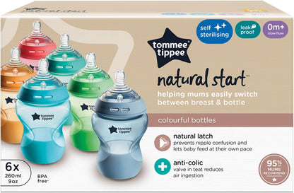 Tommee Tippee Mamadeira anticólica Natural Start, 260 ml, 0+ meses, válvula anticólica, tetina semelhante à mama de fluxo lento para uma trava natural, autoesterilizante, colorida, pacote com 6