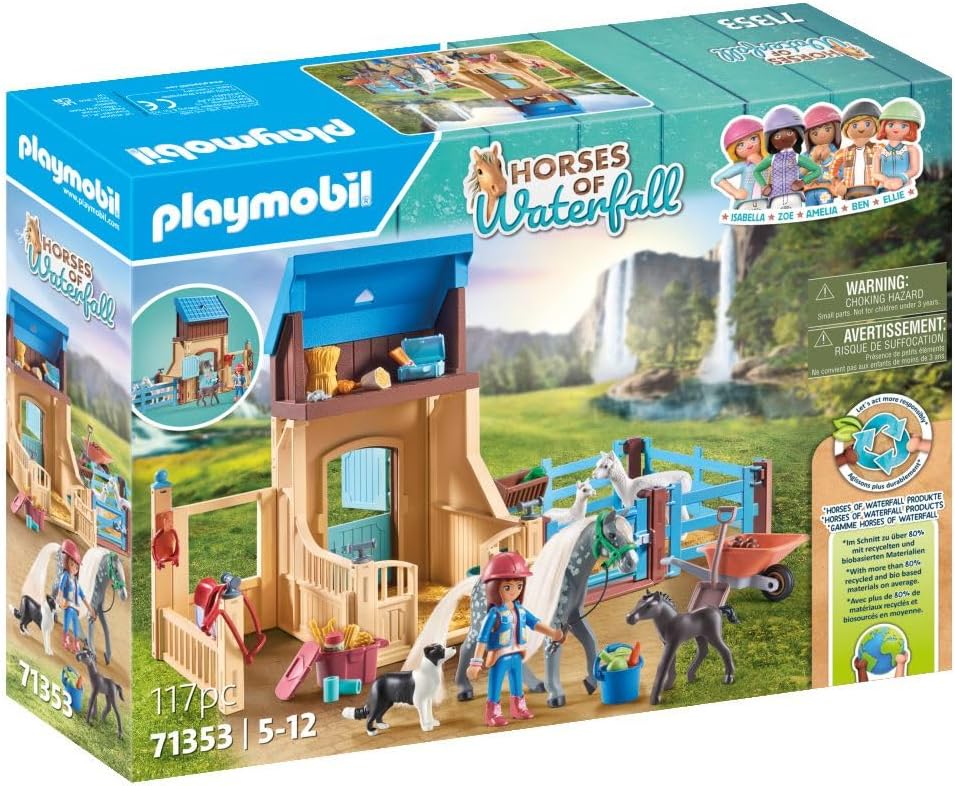 Playmobil 71353 Horses of Waterfall Horse Stall com Amelia e Whisper, aventuras no pitoresco Waterfall Ranch, encenação divertida e imaginativa, conjuntos de jogos sustentáveis adequados para crianças a partir de 5 anos