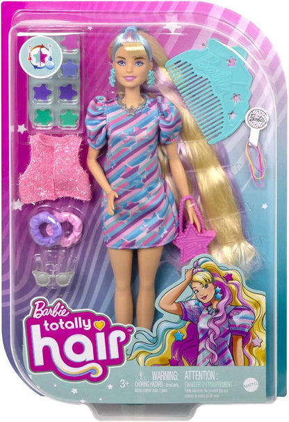 Barbie Boneca Totally Hair, Boneca Barbie com cabelo loiro com mechas azuis e rosa, 15 acessórios de estilo, incluindo 8 com recursos de mudança de cor, brinquedos para maiores de 3 anos, uma boneca, HCM88