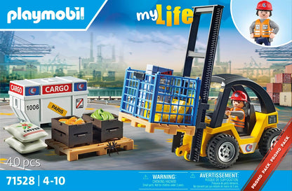 Playmobil Pacote promocional 71528 myLife: empilhadeira com carga, emocionante trabalho de logística no porto, incluindo paletes e vários itens de estoque, conjuntos de jogos detalhados adequados para crianças a partir de 4 anos