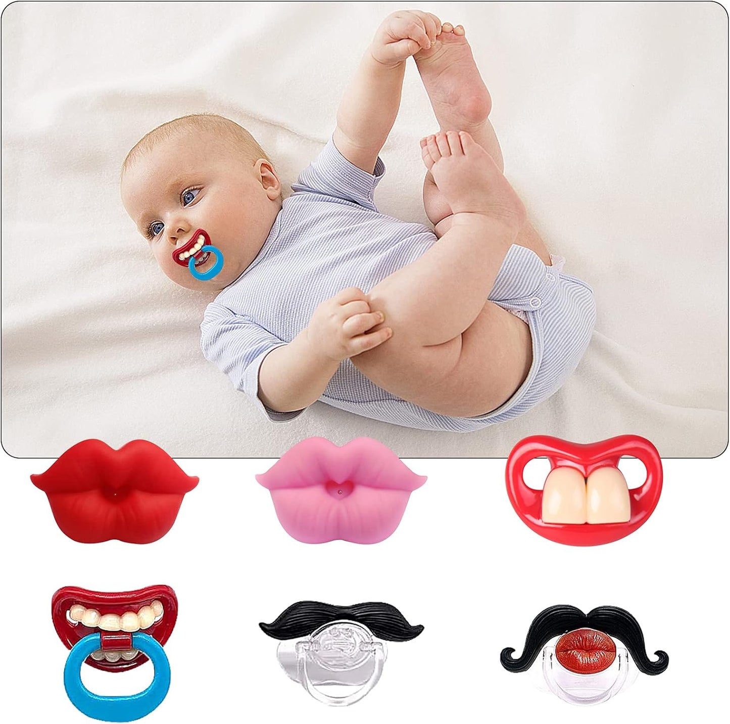 Upriver Chupeta engraçada para bebês com 6 pacotes, chupeta fofa para lábios beijáveis e dentes de bigode de cavalheiro, chupeta de silicone macio para bebês e crianças pequenas, sem BPA