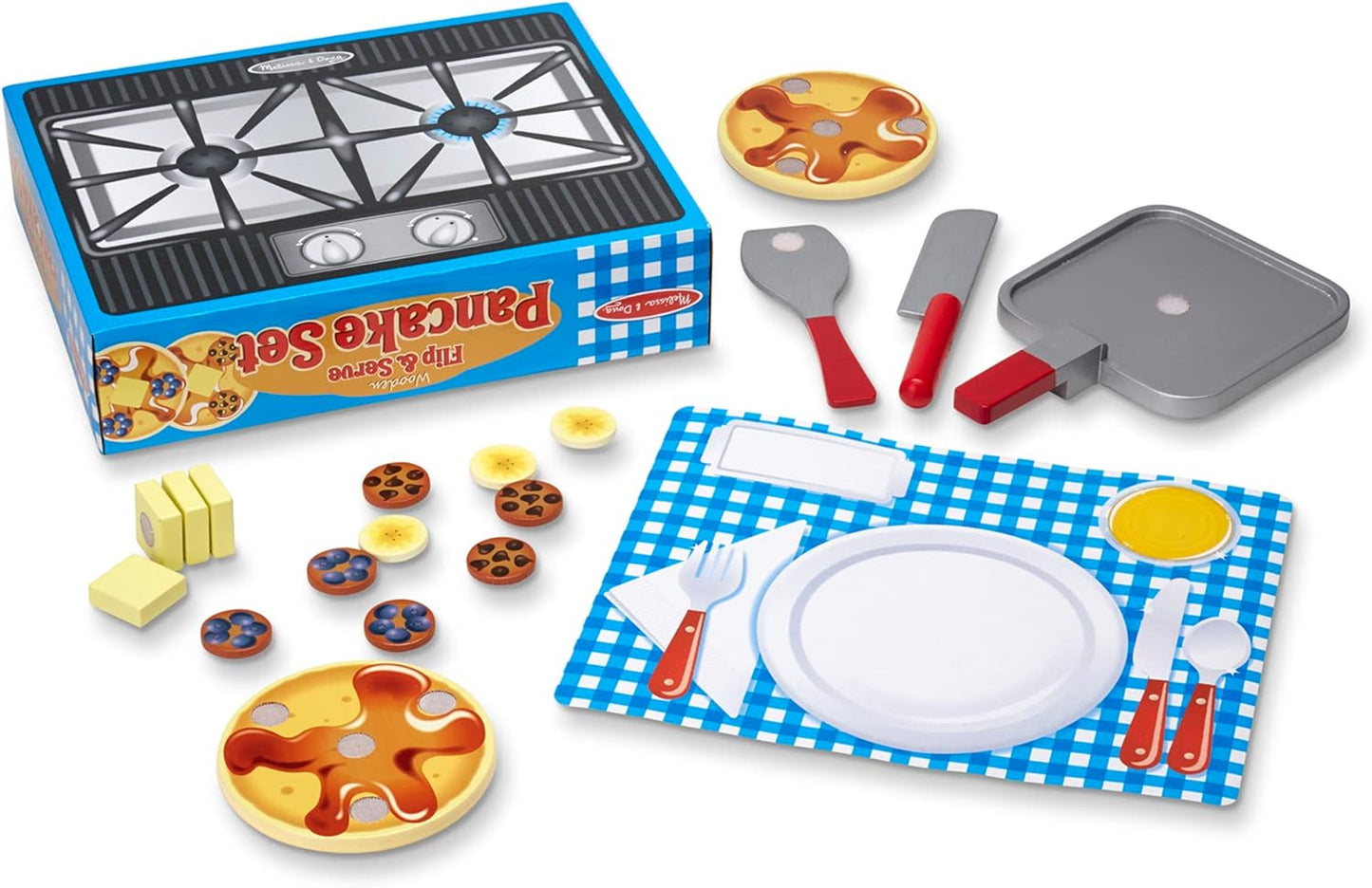 Melissa &amp; Doug Flip and Serve Pancake Set (19 piezas) - Comida de madera para desayuno, color marrón