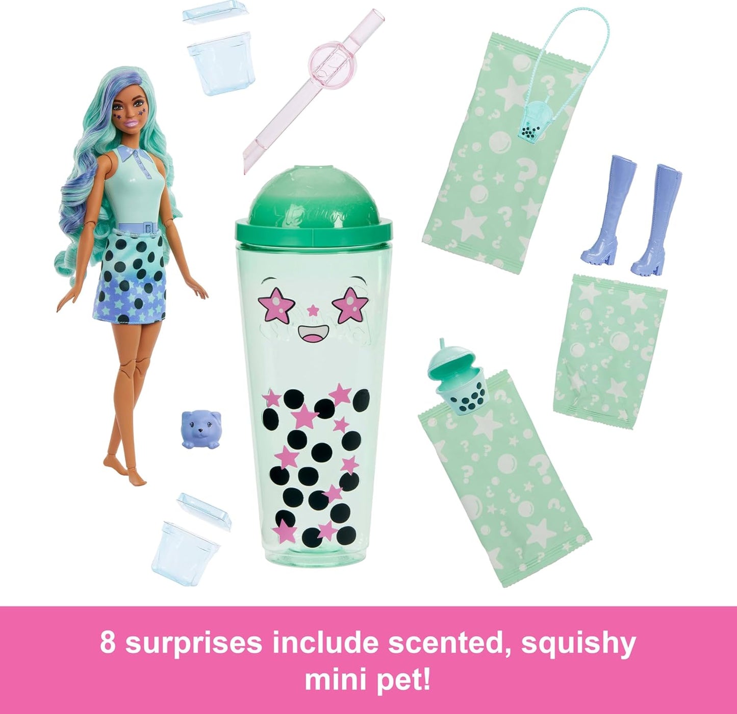 Barbie Boneca Pop Reveal Bubble Tea Series e acessórios com boneca fashion e animal de estimação, 8 surpresas incluem mudança de cor, copo com armazenamento (os estilos podem variar), HTJ21