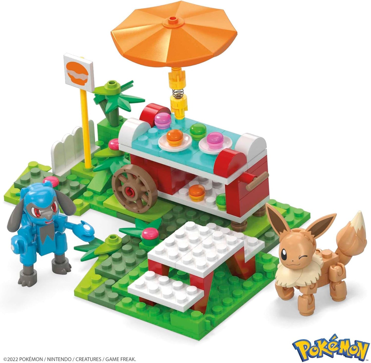 MEGA Conjunto de construção de brinquedo Pokémon Adventure Builder Picnic, figuras de Eevee e Riolu, 193 tijolos e peças, conjunto de presente para meninos e meninas, a partir de 7 anos, HDL80