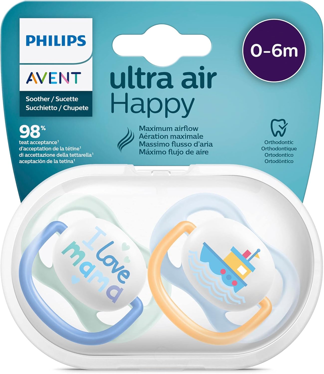 Avent Chupeta Philips Ultra Air, para 0-6 m, ortodôntica e sem BPA, 2 unidades, incluindo esterilizador/estojo de transporte, SCF080/01 Verde claro/Azul escuro e Azul claro/laranja