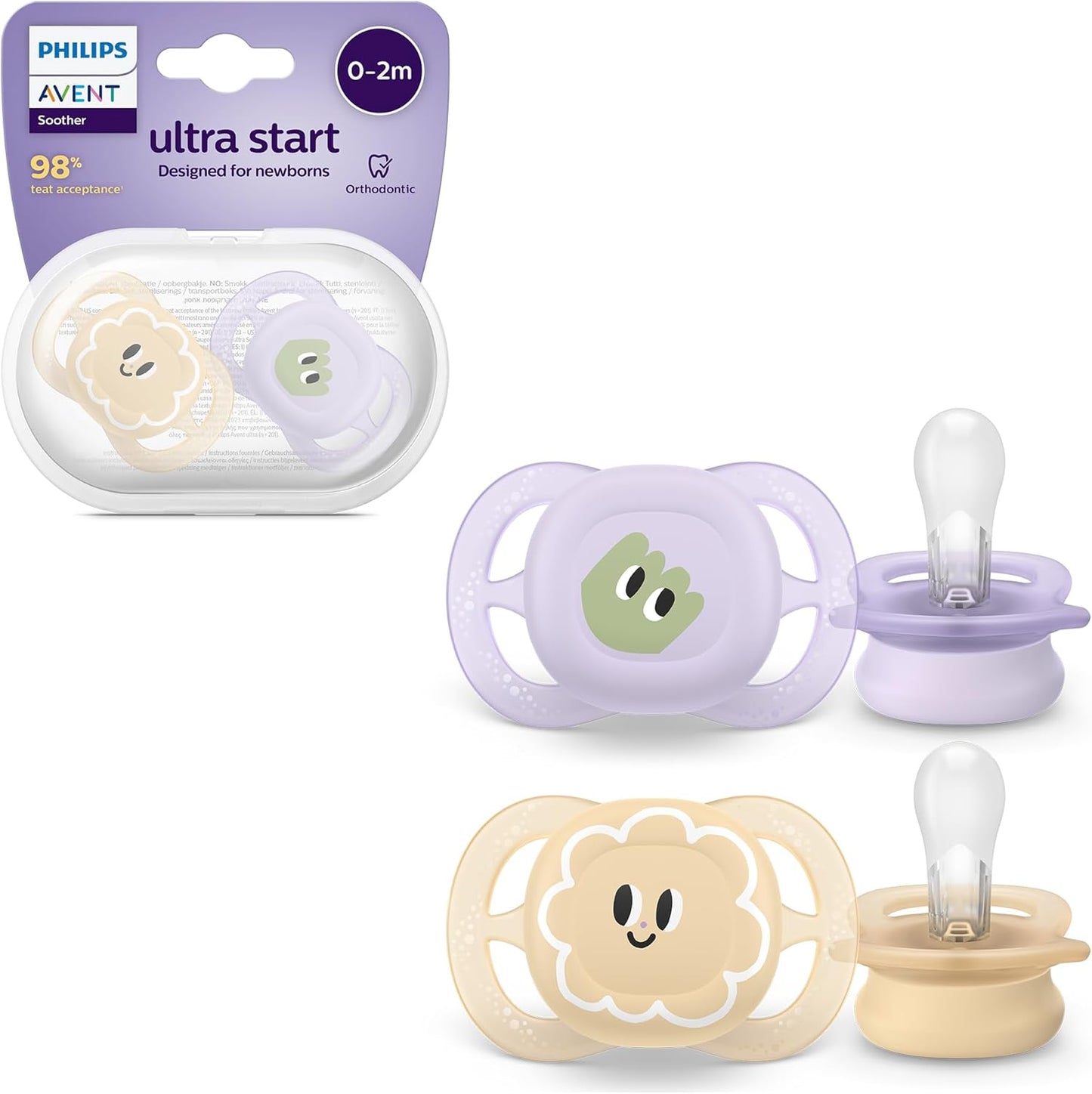 Philips Avent Chupetas Ultra Start, chupetas ortodônticas projetadas para recém-nascidos, tetina simétrica de silicone, sem BPA, com estojo de esterilização/transporte, pacote com 2, modelo SCF075/03