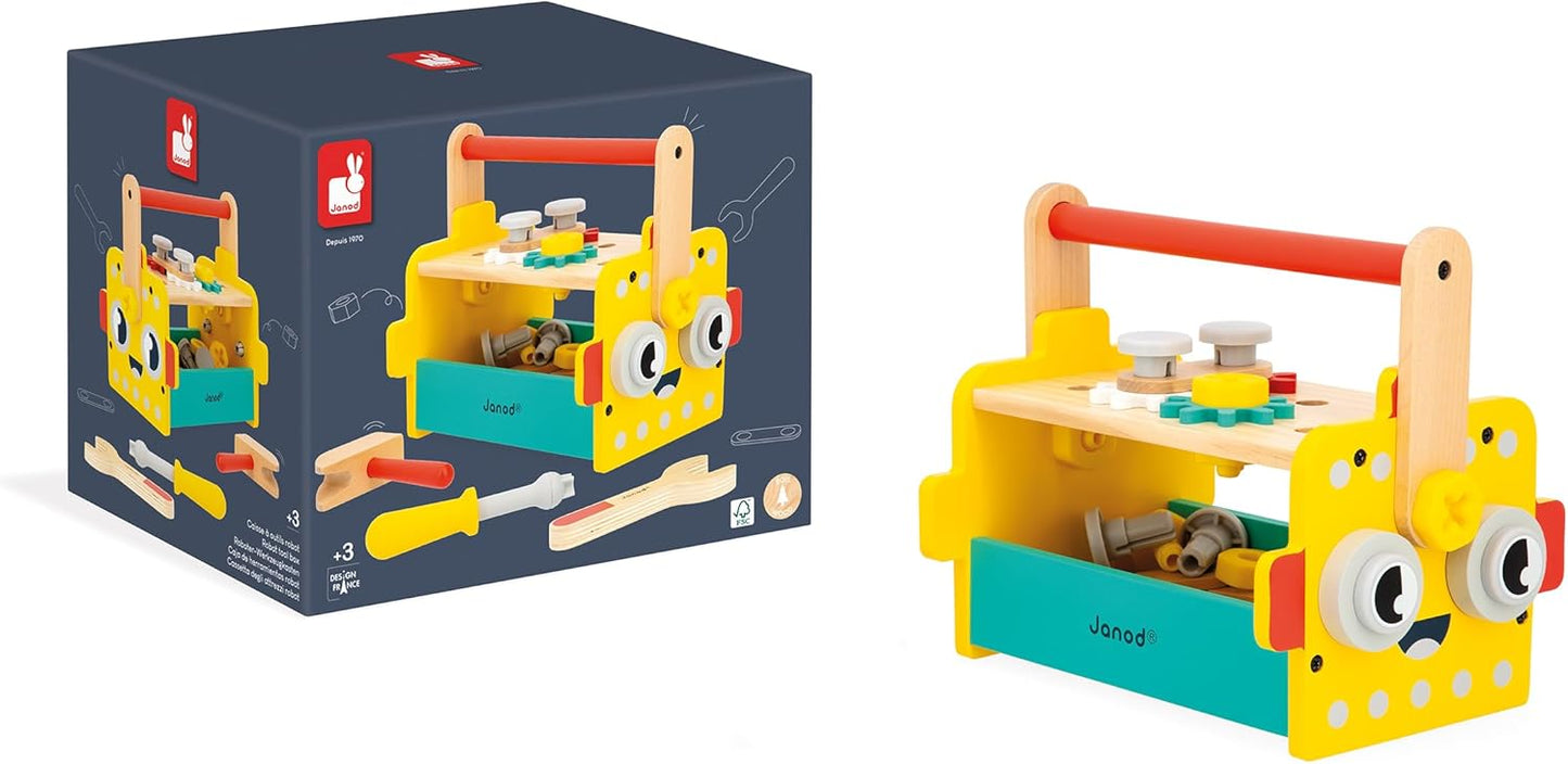 Janod Brico'Kids Robot Toolbox - Juego de bricolaje para niños - 25 accesorios + 3 herramientas - Juguete de simulación - Desarrolla la motricidad fina - 36 meses +, J06455, Multicolor