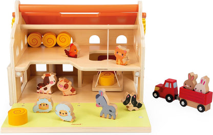 Janod - 'My First Wooden Farmhouse' infantil - 16 acessórios - Brinquedo infantil de simulação - Desenvolve destreza e imaginação - Brinquedo de madeira FSC - 24 meses +, J03318