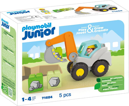 PLAYMOBIL 71684 JUNIOR: Escavadeira com pá, incluindo teto de cabine dobrável e pedras empilháveis, brinquedo sustentável feito de plástico à base de plantas, brinquedo para presente,