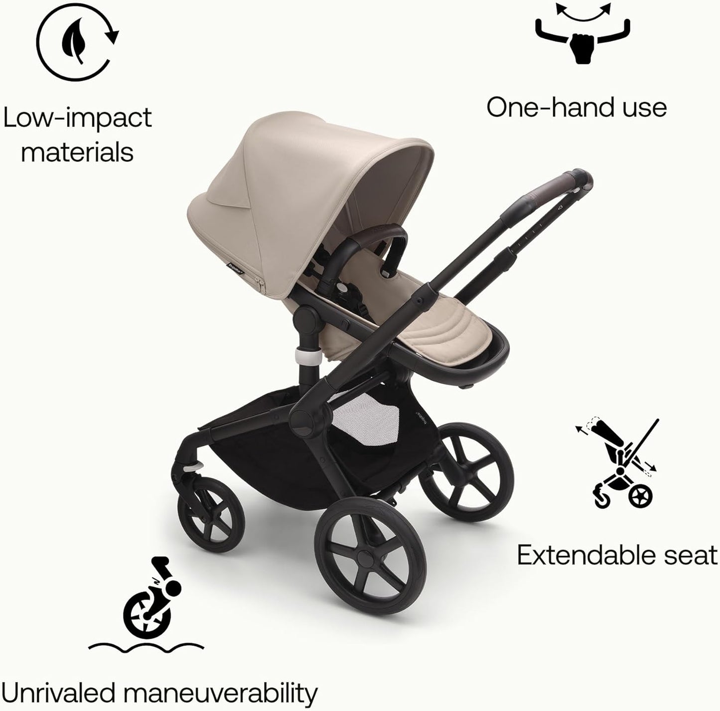 Bugaboo Carrinho de passeio Fox 5 All-Terrain, carrinho de bebê 2 em 1, suspensão total, dobra fácil, berço espaçoso, assento extensível para crianças, manobrabilidade com uma mão, chassi preto e capota Desert Taupe