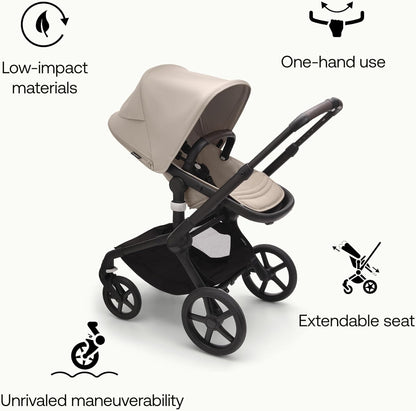 Bugaboo Carrinho de passeio Fox 5 All-Terrain, carrinho de bebê 2 em 1, suspensão total, dobra fácil, berço espaçoso, assento extensível para crianças, manobrabilidade com uma mão, chassi preto e capota Desert Taupe