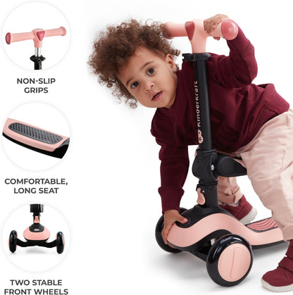 Kinderkraft Scooter Halley 2 em 1 para crianças de 1+ anos até 50 kg, scooter de 3 rodas, bicicleta de equilíbrio, fácil de dobrar, 2 rodas dianteiras piscantes, guidão ajustável, fácil de manusear, pesa apenas 3 kg, verde