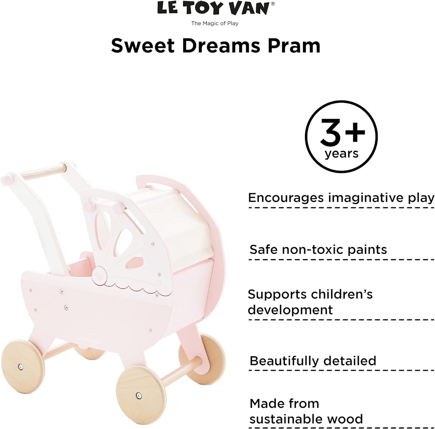 Le Toy Van - Brinquedo de madeira educacional Role Play Beautiful Sweet Dreams Doll Toy Pram | Conjunto de carrinho de bebê fingir brincar - para maiores de 3 anos