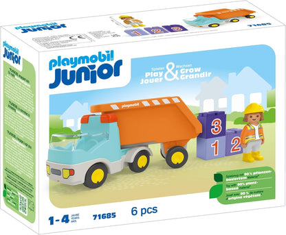 PLAYMOBIL 71685 JUNIOR: Caminhão basculante, incluindo trabalhador da construção civil e três pedras empilháveis, brinquedo sustentável feito de plástico à base de plantas, brinquedo para presentear