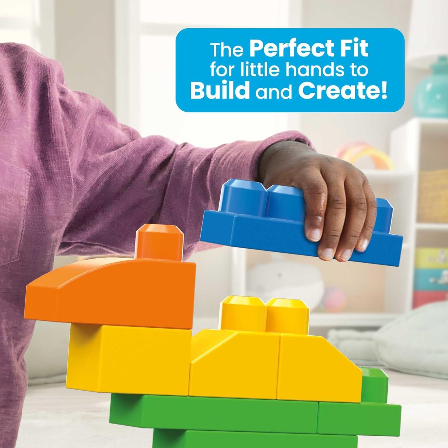 MEGA Conjunto de brinquedos de blocos infantis BLOKS First Builders, bolsa de construção de luxo com 150 peças e armazenamento, azul, maiores de 1 ano, CNM43