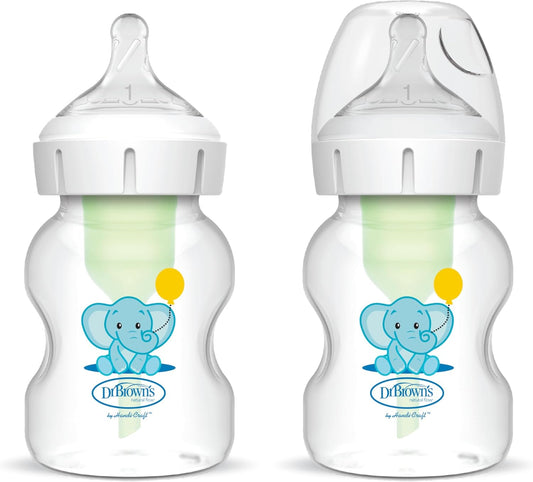 Dr Brown's Natural Flow® Anti-Colic Options+™ Biberón de cuello ancho, 5 oz/150 ml, con tetinas de nivel 1, paquete de 2, elefante