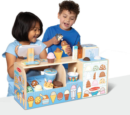 Melissa & Doug Colheres legais de madeira para brincar de sorvete, brinquedo de cozinha, brinquedo de sorvete para meninas e meninos, brinquedo montessori de fingir comida de 3 anos, presente para menino ou menina de 3 anos