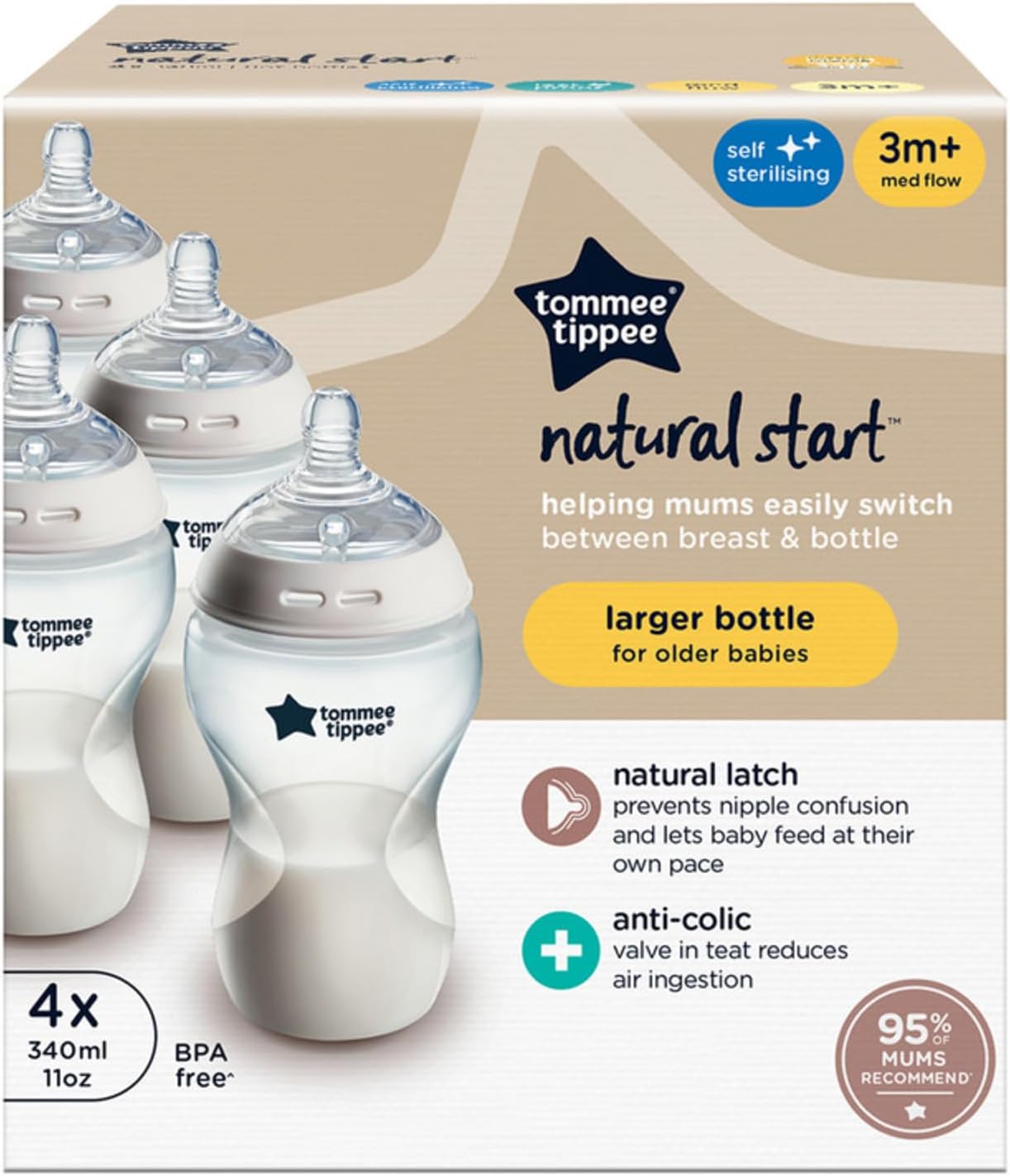 Tommee Tippee Natural Start Biberón anticólicos, 340 ml, 3+ meses, tetina similar al pecho de flujo medio para cierre natural, válvula anticólicos, autoesterilizante, paquete de 4